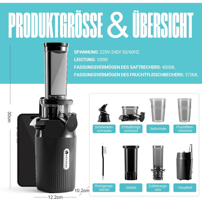 Ventray Ginnie Juicer | Slow Juicer with 60 RPM | 45mm Opening | Reverse Function and Two Filter Sizes | BPA Free | 100 Watts | Easy to Clean & Quiet | Slim Design, 400ml, Sky Blue