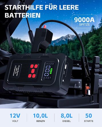 Пусковий пристрій Povasee Jump Starter 9000A з компресором 150 PSI та павербанком, автомобільний бустер 12V для бензинових та дизельних авто, з ліхтарем (Чорно-червоний)