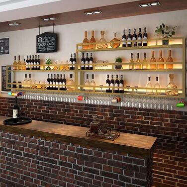 Металева полиця для вина на стіну з підсвічуванням, 3 яруси, 150 см, чорний/золотий | Стенд для вин, вітрина для напоїв, міні-бар для дому