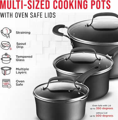 Набір посуду 14 предметів з антипригарним покриттям Cookware Set – каструлі з кришками, сковороди для газових, електричних, керамічних та індукційних плит – чорний колір