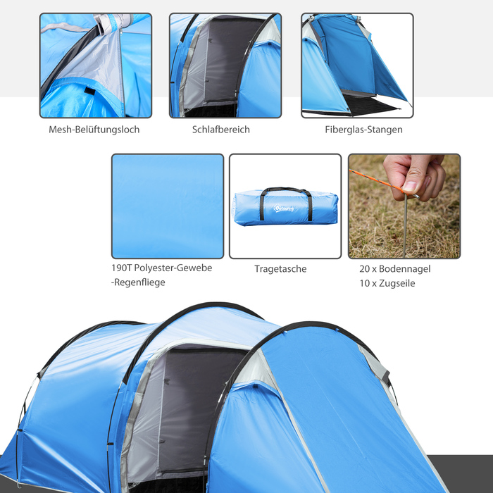Outsunny Tunnel Tent for 2-3 People 190T Camping Tent with Stakes, Fiberglass & Polyester, Light Blue, 426x206x154cm | Aosom
