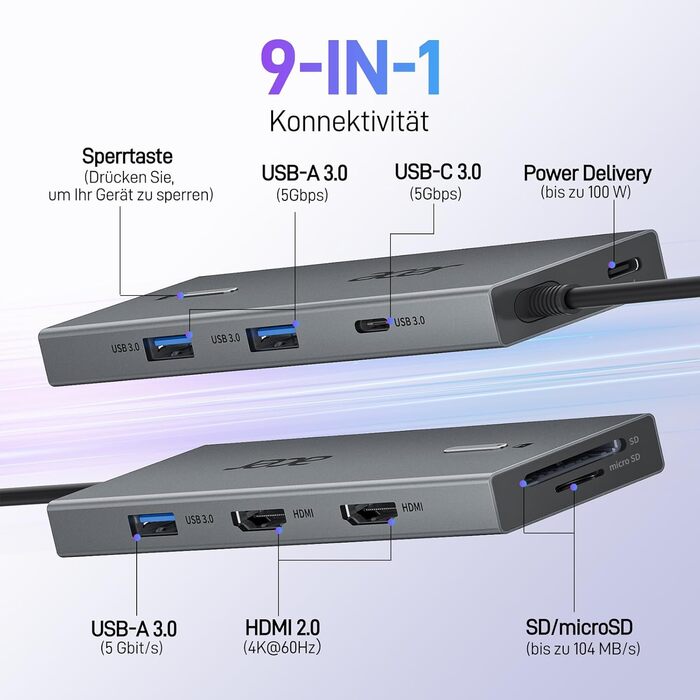 Док-станція Acer USB-C 9-в-1: Dual HDMI 4K@60Hz, 3xUSB-A, USB-C 5Gbps, 100W PD, SD/TF, для Dell, Chromebook, MacBook, Surface