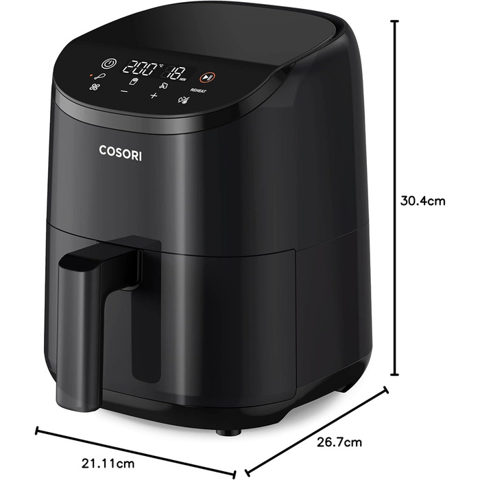 COSORI Air Fryer Small, 4-in-1 Mini Air Fryer 2L, fast and easy cooking with 48dB, 30 recipes, 97% less fat, energy-saving, dishwasher-safe, 1-2 people Dark Black Mini