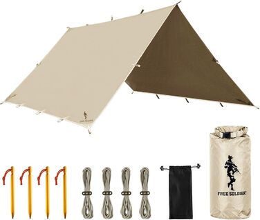 FREE SOLDIER 3x3.2m Waterproof Tarp - Ultralight Camping Shelter, UV Protection, Military Green & Beige - for Hiking, Outdoor Activities