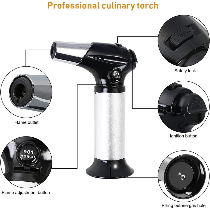 Газовий пальник Flintronic для крем-брюле, приготування їжі та барбекю, з 3-ма соплами, 2 щітками, блокуванням безпеки (Butan в комплекті не входить), сріблястий (#3 901-чорний)