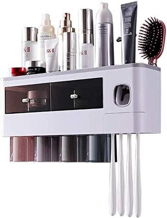 Automatic Toothpaste Dispenser Wall-Mounted with Space-Saving Toothbrush Holder for Bathroom, 2 Transparent Magnetic Cups, 6 Toothbrush Slots, 1 Cosmetic Organizer Drawer (Gray-4 Cups)