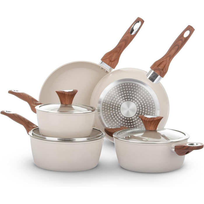 Набір каструль та сковорідок Kochtopf Kasanova New Ceramic, 8 предметів, кремовий, з керамічним покриттям, індукційний, з кришками