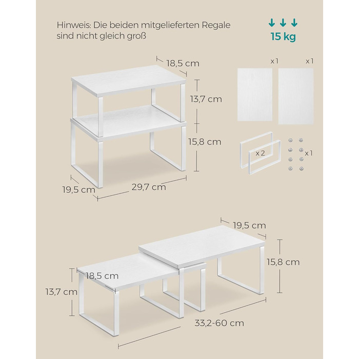 SONGMICS Spice Rack, 4-Piece Set, Kitchen Shelf, Kitchen Organizer, Expandable, Spice Holder, Stackable, with Metal Frame, 19.5 x 29.7 x 15.8 cm, Ink Black-Natural Beige KCS10NB (Cloud White + Snow White, 29.7B cm)