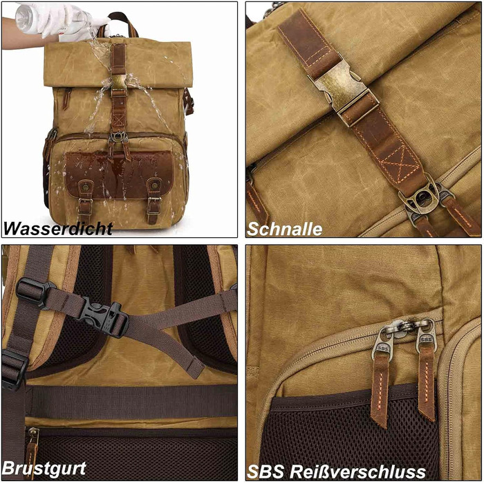 Рюкзак для фотокамери Vmokki Rolltop з водонепроникним покриттям, великий, з швидким доступом, анти-крадіжка, тримач для штатива, відділення для ноутбука. Підходить для дзеркальних фотоапаратів, аксесуарів (Хакі)