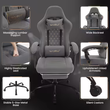 WOLTU Gaming Chair with Massage Function, Computer Chair with Pocket Spring Cushion, Ergonomic Gamer Recliner, Swivel Chair with Headrest, Lumbar Pillow, Footrest, 150 kg, Tech Fabric, Grey + Yellow, GS07gr Grey Tech Fabric