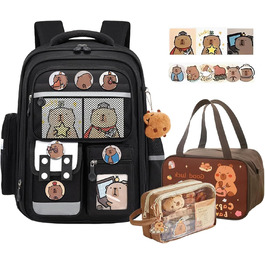 Рюкзак Капібара Великий, Набір рюкзаків Капібара для дітей з пеналом та ланч-боксом, шкільний рюкзак для підлітків, чорний