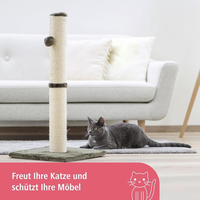 Дряпальня для котів Kerbl Opal Maxi, кігтеточка, сіра, з натурального сизалю, 38x38x78 см, для котів середніх розмірів, з мотузкою з сизалю, для догляду за кігтями, з плюшевою іграшкою