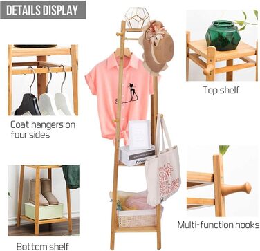 Bamboo Clothes Rack Coat Stand with 8 Hooks and 3 Shelves for Shoes, Hats, and Scarves, for Hallway, Living Room, and Guest Room