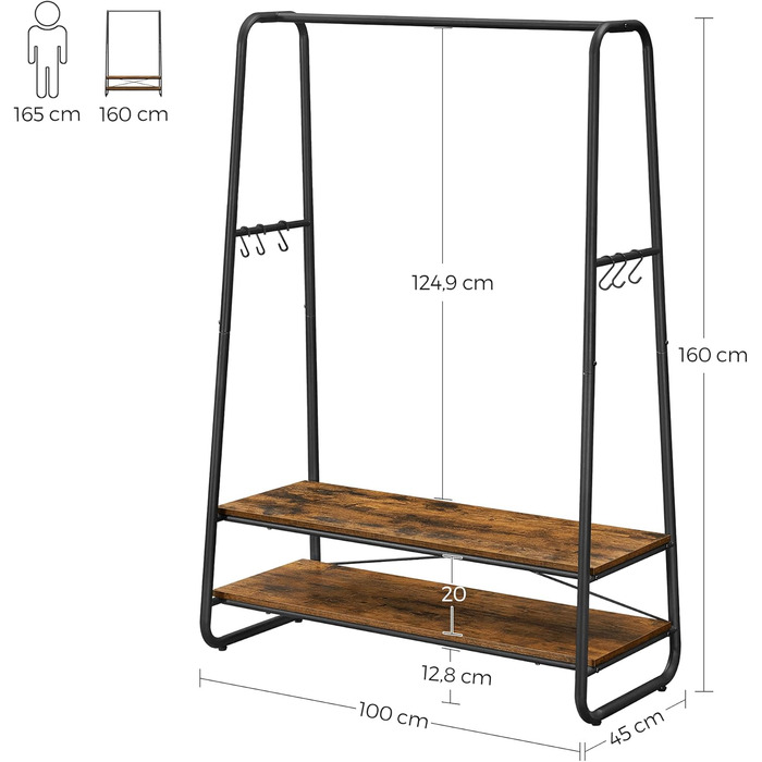 VASAGLE Clothes Rack, Coat Rack, Coat Stand, with 2 Shelves, 6 S-Shaped Hooks, Steel Frame, for Bedroom, Hallway, Entrance Area, Vintage Brown-Black RGR112B01