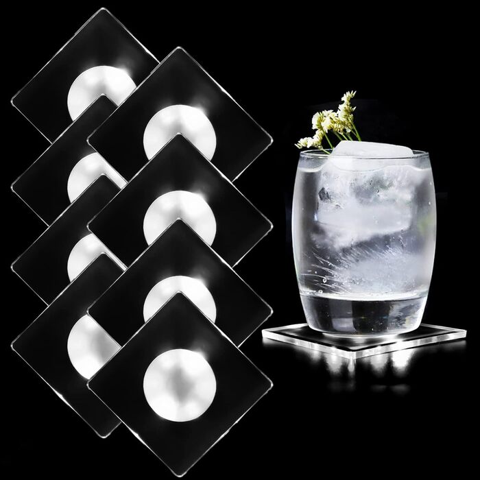 MEDOYOH 8-Piece Square Cool White LED Coasters for Drinks, ON/Off Switch Drink Coasters Set, Waterproof Coasters Glowing for Glasses Bottles Parties Weddings Bar Christmas