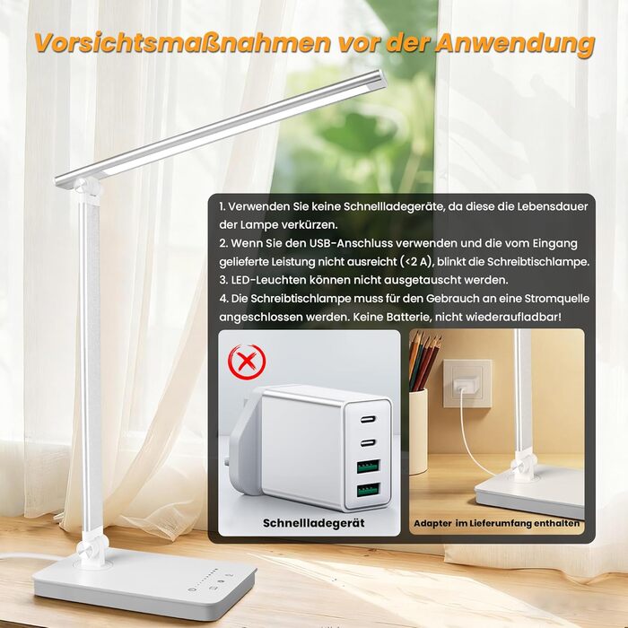 LED лампа для столу Akynite з регулюванням яскравості, USB, 2A адаптер, 5 кольорів, 10 рівнів яскравості, таймер, сенсорне управління, для дітей, білий