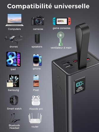 Power Bank 90000mAh PD 30W QC 4.0: Зовнішній акумулятор для телефону, швидка зарядка USB-C, 5 портів, LED-дисплей. Чорний