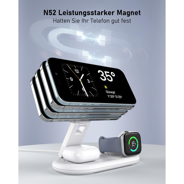 Портативна зарядная станція 3-в-1 для Apple Watch та iPhone з MagSafe, сумісна з iPhone 17, 16, 15, 14, 13, 12, AirPods Pro (біла)