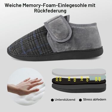 Чоловічі теплі домашні капці TIESTRA для літніх людей з Memory Foam, флісові тапочки з липучкою для широкої стопи, сірі в смужку, розмір 45 EU