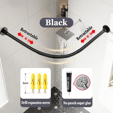 Регульована штанга для душу L-подібної форми без свердління, штанга для душу з нержавіючої сталі 304, розширювана кутова штанга для душу, без кріплення до стелі, (Розмір:Колір) (Д 70-95см x 105-165см, Чорний)