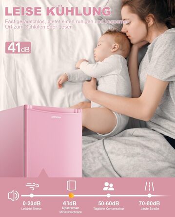 Холодильник Upstreman 91L BR321-Rosa з функцією швидкого охолодження, 5 температурних режимів (1-8°C), енергоефективний, 41 дБ, компактний, для студентів/офісу