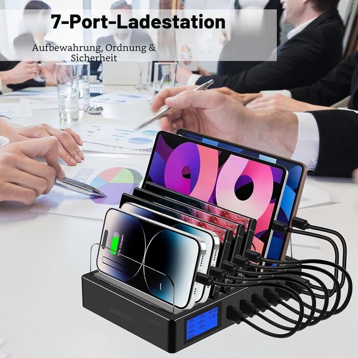 Зарядний пристрій Schnellladestation PD20W QC3.0 7-в-1 з LCD-дисплеєм, Multi-USB, для iPhone, iPad, Samsung, Huawei - Чорний
