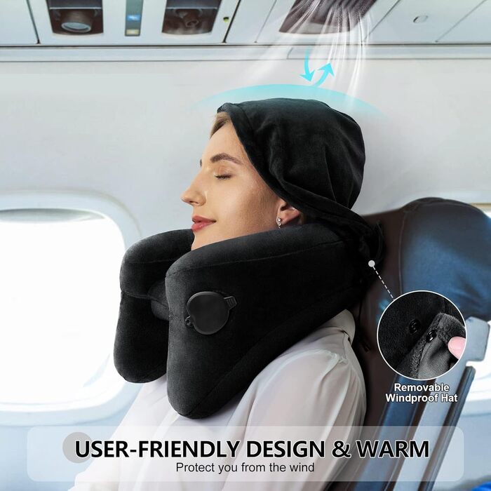 Sunany Neck Pillow Airplane with Hood, Travel Pillow for Airplane and Car Travel, Inflatable and Comfortable Travel Neck Pillow Adults, Supports Head, Neck, and Chin - Black