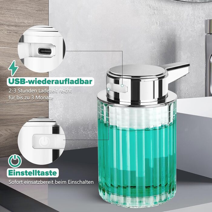 Phneems Automatic Soap Dispenser Glass Electric Soap Dispenser With Sensor 3 Adjustable Levels Soap Dispenser Automatic Dish Soap Dispenser USB Charging IPX5 Waterproof FOR Bathroom Kitchen Gel