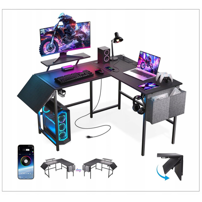 Кутовий ігровий стіл з підставкою під монітор, USB-портами, LED-підсвіткою та аксесуарами