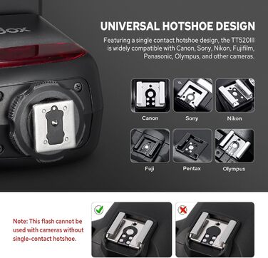 Спалах Godox TT520III для камери: потужність GN 33, RT-16 радіосинхронізатор, оптичний S1/S2, PC-порт для Canon/Sony/Fujifilm/Nikon/Panasonic/Olympus