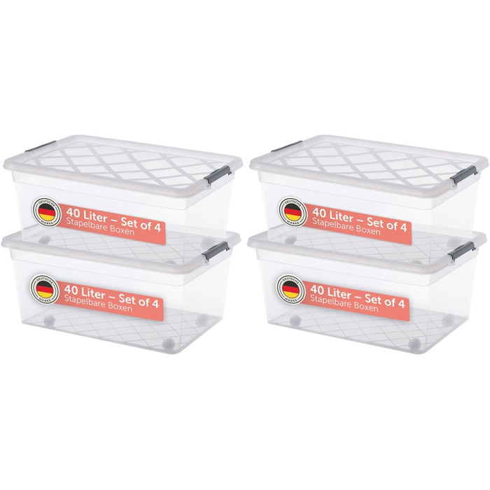 Blumtal Storage Box with Lid 32L Made of Plastic - Storage Boxes 36.5x36x26.5 cm - Storage Boxes Made of 100% New Material with Closure Clips - Storage Boxes with Lid (40 Liter, 4-Piece Set)