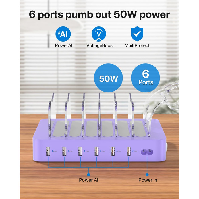 Зарядна станція SooPii USB з органайзером на 6 портів 50W, біла. В комплекті 6 кабелів та тримач для iWatch