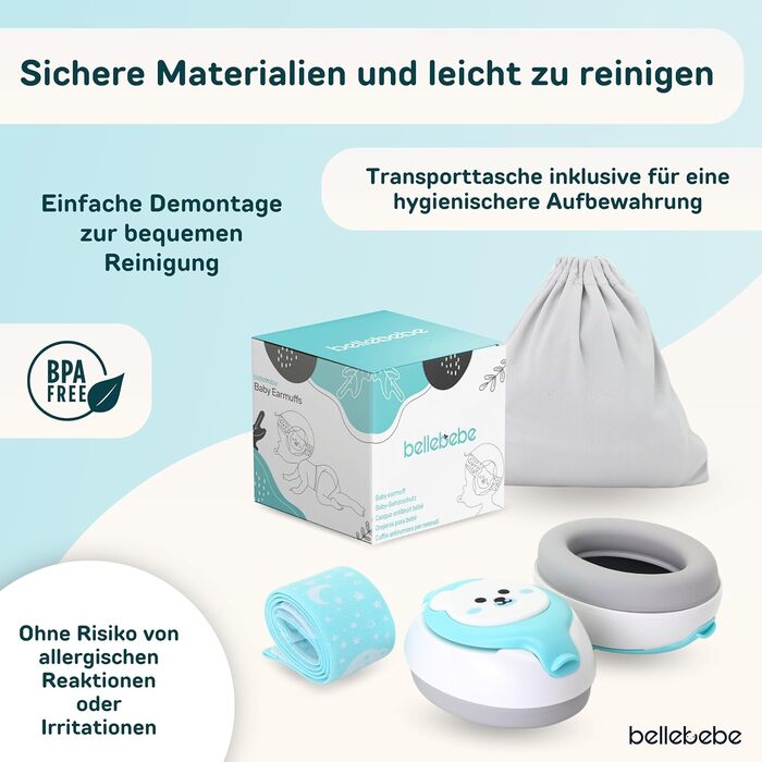 Захист вух для немовлят BELLEBEBE - 0-36 місяців, гіпоалергенний, BPA-free, сертифікований EN352-1, RoHS, CPC, регульоване наголов'я, сумка для перенесення (Азуль)