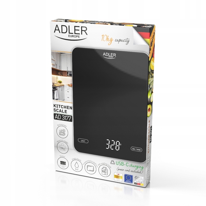 Кухонний ваги Adler, чорні, 10 кг, з USB-зарядкою