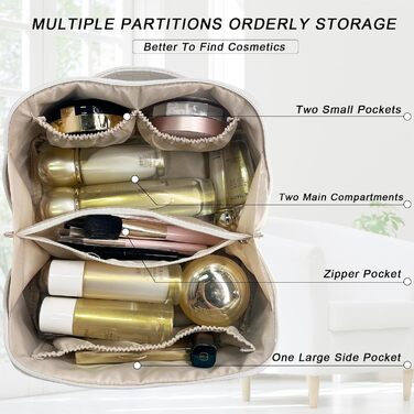 Косметичка для подорожей для жінок з великим об'ємом, водонепроникна, з перегородками, органайзер (кремовий абрикосовий)