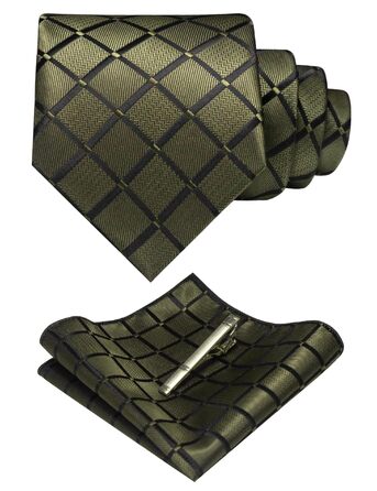 Чоловіча краватка та хустинка JEMYGINS для весілля в клітку, зажим для краватки, однотонний оливковий