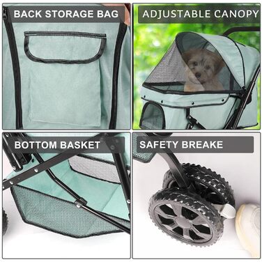 Візок для собак Wedyvko до 20 кг, 4 колеса, складаний, для маленьких та середніх собак та котів, з кошиком для зберігання та тримачем для напоїв (зелений)
