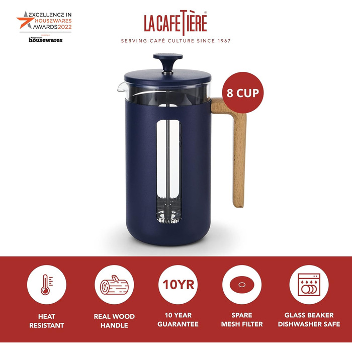 Френч-прес La Cafetière Pisa 1 л, боросилікатне скло, нержавіюча сталь, для меленої кави та чаю, синій