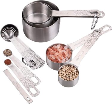 Measuring cup and spoon set, 18/8 stainless steel, measuring cups and spoons for baking and kitchen use, metric and US metal measuring cups and spoons for dry and liquid ingredients