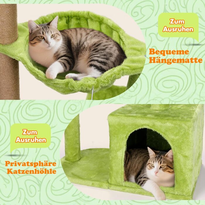 Котячий будиночок-крізьбаум Eukue, 110 см, для великих котів, з будиночком та кошиком, зелений