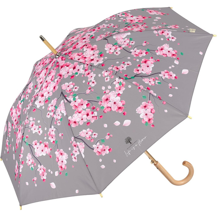 PERLETTI Green Eco Women's Umbrella - Large Automatic Rain Umbrella with Recycled Materials & Cherry Blossom Design