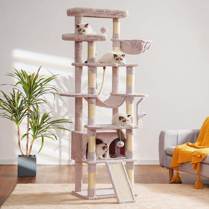 Багатоповерховий котячий будиночок Heybly Kratzbaum HCT033G, бежевий, 200 см, з 11 стовпчиками для шліфування, платформами, гамаком, печерою та іграшками