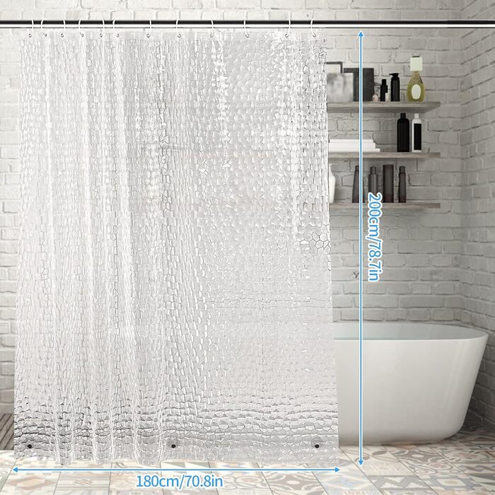 Штора для ванної OTraki напівпрозора 180x200 см, антигрибкова, миється, з EVA, водонепроникна 3D штора для душу з 12 кільцями, без ПВХ