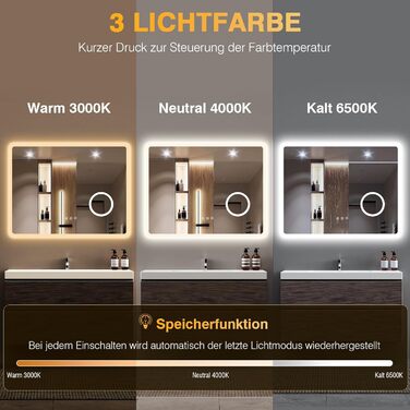 Дзеркало для ванної кімнати з підсвічуванням 80x60 см, 3 кольори, регулювання яскравості, протитуманне покриття, 3x збільшення, розетка для гоління, IP44, для горизонтального/вертикального монтажу