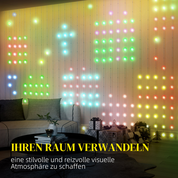 HOMCOM 3x3m String Lights 400 LEDs Light Curtain with Adjustable Brightness, Music Synchronization, Scene Modes, Timer Function, Indoor/Outdoor Light Curtain String Lights, IP44, for Wedding, Party, Christmas | Aosom