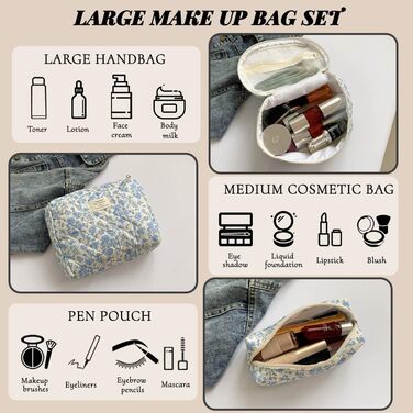 Набір косметичок 3 шт. для подорожей, косметичка для жінок з квітковим принтом, блакитний колір