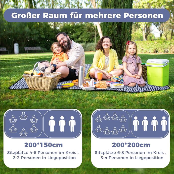 Плед для пікніка Oak & Tea 200x200 см, водонепроникний, ізолюючий, XXL, складаний килимок для пляжу, кемпінгу, вулиці з міцного Оксфорда (синій)