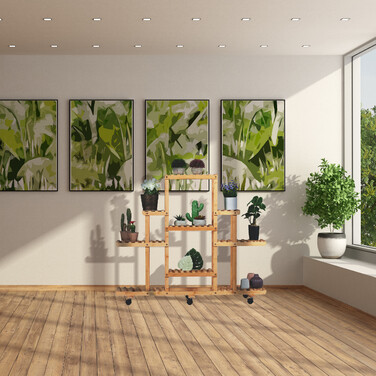 Relaxdays Bamboo Plant Shelf with Wheels