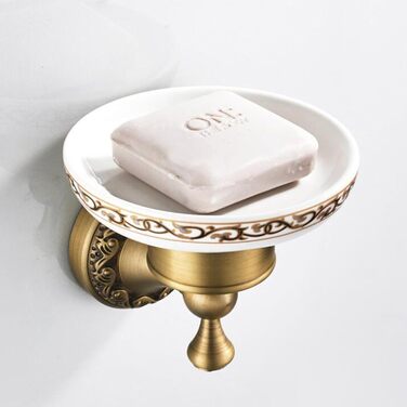 Brass toothbrush holder, antique bronze, cup holder with white ceramic cup, wall-mounted, bathroom accessory, patterned carved design (soap dish)