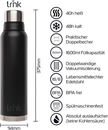 Термос Outdoor TRNK Polar 2 - 1600 мл, нержавіюча сталь, BPA-free, зберігає тепло 40 годин, з 2 чашками, для миття в посудомийній машині (лісовий зелений, матовий нічний чорний)